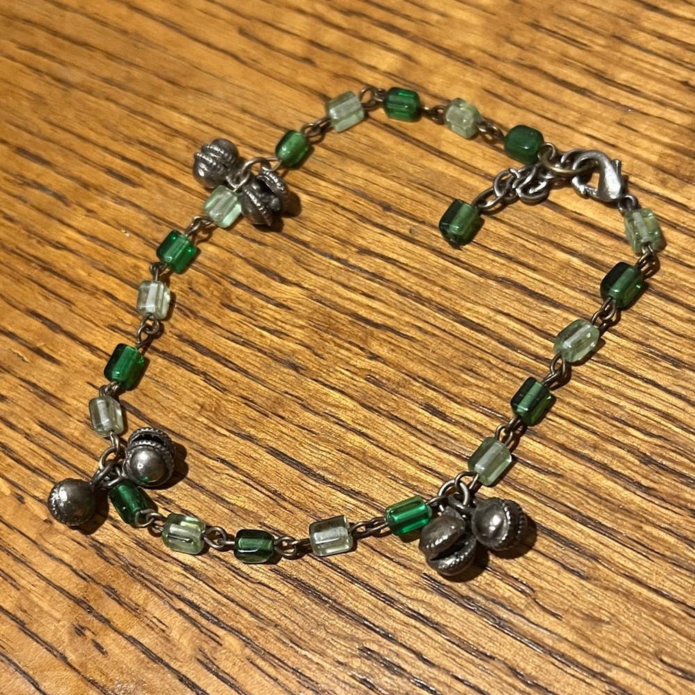 Vintage Aurora Borealis Green White Beads Anklet Bracelet 9”w/extra chain